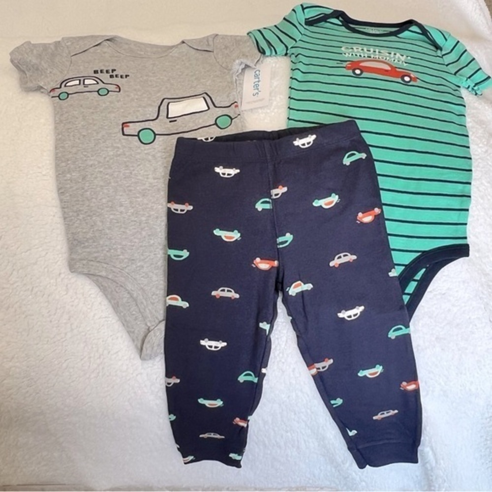 Carter’s boy 24 months onesie pants outfit teal/navy/grey cars